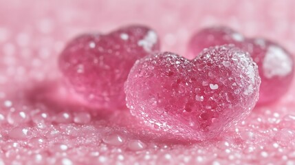 Fototapeta premium Pink Heart Shaped Candies Covered In Dew Drops