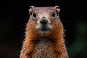 Fototapeta premium A close-up portrait of a cute brown groundhog standing behind green leaves in the garden, basking in the sunlight and looking around