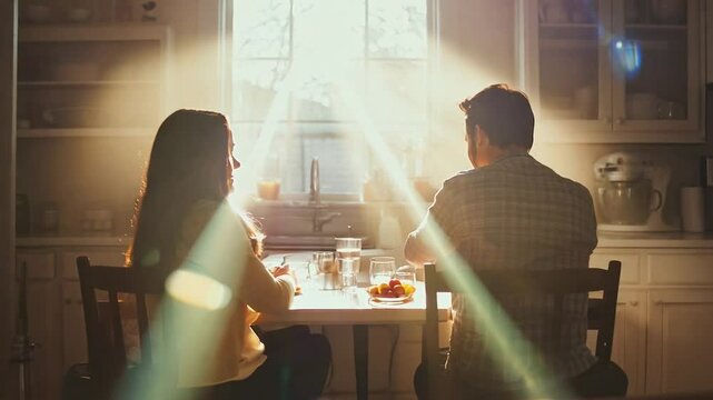 A serene and intimate moment as sunlight streams into a cozy kitchen, illuminating a couple enjoying a quiet breakfast. The soft light creates a peaceful and nostalgic atmosphere.