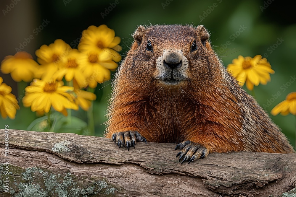 Wall mural Amidst a field of blooms, a Mother Woodchuck rests on a log