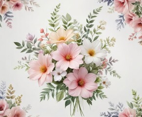 Delicate watercolor floral arrangement on a soft white background,  pattern,  vector