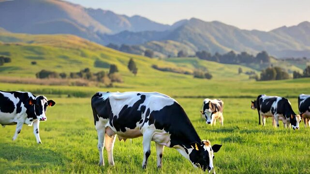 Herd of cows grazing in lush green field, surrounded by mountains, creates serene rural landscape that beautifully captures essence of nature and farm life.