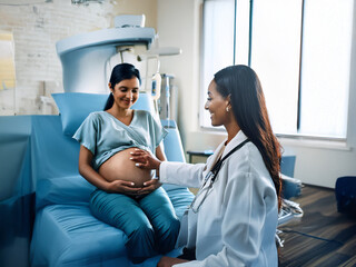 Obraz premium A pregnant woman smiles as a doctor gently touches her belly during a prenatal checkup in a brightly lit medical facility. The atmosphere is warm and reassuring.