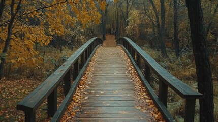 Fototapeta premium Autumn wooden bridge surrounded by colorful foliage in a serene forest landscape showcasing natural seasonal beauty and tranquility.