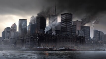 Fototapeta premium Dark Pollution Over Riverfront Cityscape