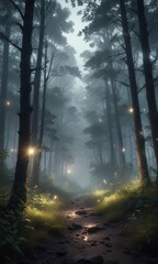 Fototapeta premium Dreamy forest with glowing fireflies and misty ambiance, nocturnal, mystical
