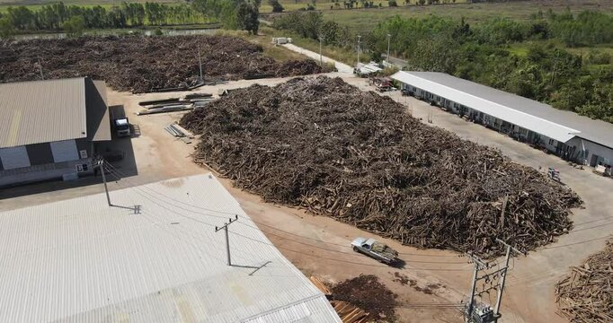 A logging truck drives through a large pile of wood in a lumber factory.