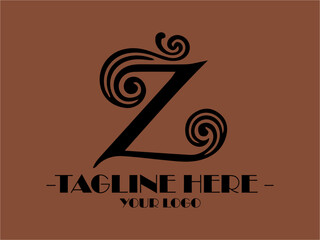 Title Black ornate letter Z on brown swirling background. Suitable for graphic design projects, typography compositions, or decorative purposes