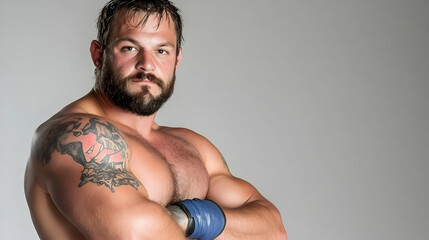 Muscular man with tattoo and boxing gloves.