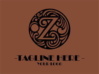 Title Black ornate letter Z on brown swirling background. Suitable for graphic design projects, typography compositions, or decorative purposes