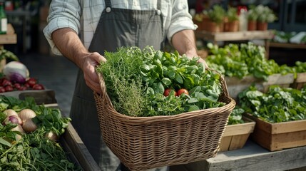 Fototapeta premium Man Holding Fresh Vegetable Basket