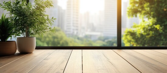 Modern wooden floor illuminated by sunlight streaming through a large window showcasing a vibrant...