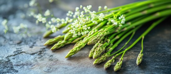 Wild asparagus bouquet showcasing fresh green shoots and delicate white flowers highlighting organic health and natural beauty in nature gifts