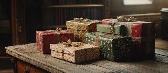 wrapped vintage Christmas gifts on a rustic wooden table in a cozy festive setting