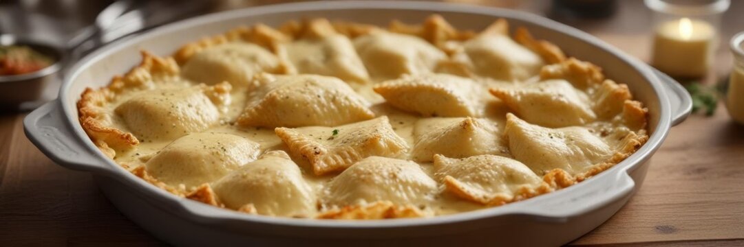 Golden alfredo sauce and crispy ravioli in a shallow baking dish,  golden brown,  muzzarella