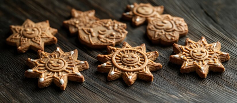 Gingerbread cookies shaped like snowflakes and sun with decorative faces on rustic wooden background for festive holiday celebrations