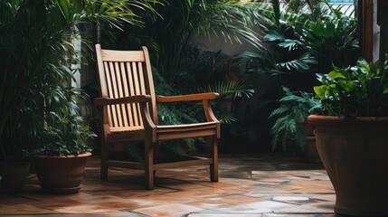 Obraz premium Cozy wooden chair in a serene indoor patio surrounded by lush greenery and plants