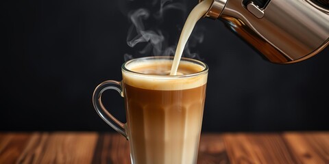 A close-up shot of milk being poured into a steaming cup of coffee, creating a creamy and delicious beverage, milk, hot
