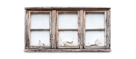 Aging wooden window with four panes on a white background perfect for home renovation and restoration projects