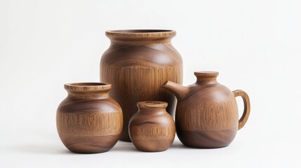 Rustic wooden kitchenware collection on a white background showcasing craftsmanship and natural beauty for culinary or home decor themes