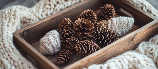 Wooden tray filled with pine cones on a soft knitted blanket creating a cozy flat lay scene for seasonal decor and lifestyle imagery