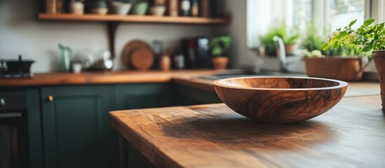 Rustic wooden bowl on a kitchen counter highlighting artisan craftsmanship and warm home decor in a cozy kitchen setting