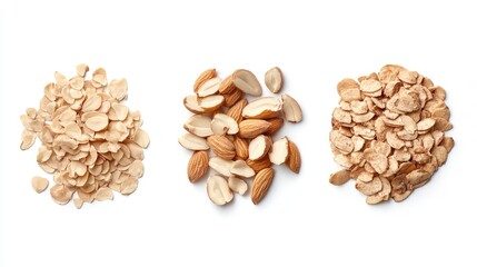 Assorted almond pieces in various forms including shelled and sliced displayed in a top view isolated on a white background