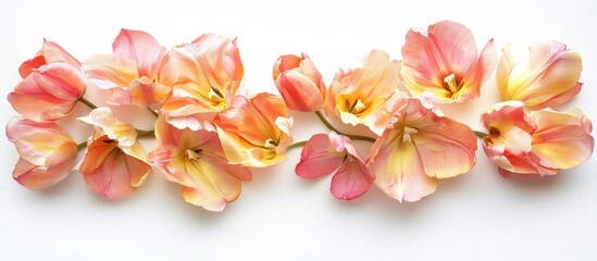 Spring floral arrangement of yellow and pink tulips on white background perfect for greeting cards and seasonal decorations.