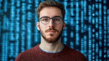 Young Man with Glasses in Front of Digital Data Display, Portrait of a Thoughtful Male Against Technology Background in Modern Ambient Setting