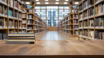 Obraz premium pile of books with blurry library background, pile of books in front of library, books on wooden table, education, quality book photography. Large copy space.
