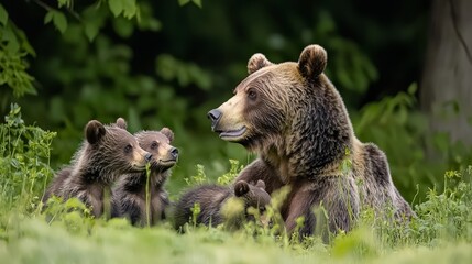 Obraz premium Mother brown bear with three cubs in lush green forest.