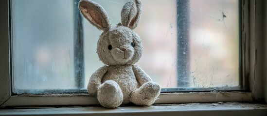 Nostalgic worn stuffed toy rabbit resting on a dusty windowsill symbolizing childhood memories and the passage of time.
