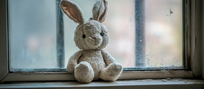 Nostalgic worn stuffed toy rabbit resting on a dusty windowsill symbolizing childhood memories and the passage of time.