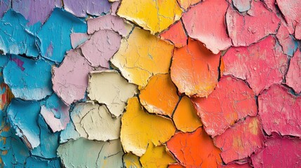 Vibrant Abstract Texture of Colorful Peeling Paint on Distressed Wooden Surface for Artistic Background and Design Projects