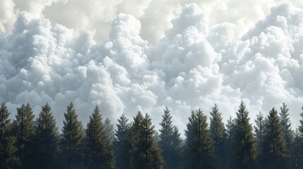 Altocumulus clouds towering over a serene forest landscape with evergreen trees under a soft atmospheric sky