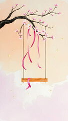 Empty wooden swing adorned with pink ribbons and cherry blossoms hangs from a branch against a soft pastel sky.