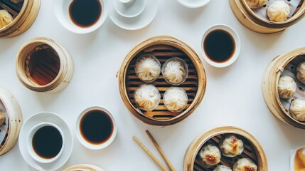 Overhead shot of multiple bamboo steamers filled with delicious dumplings, surrounded by small bowls of soy sauce and chopsticks on a white background.