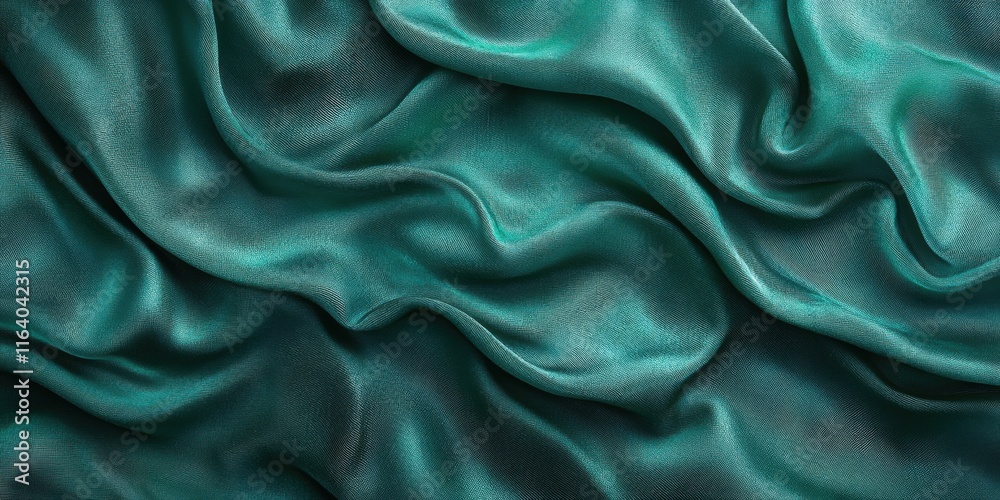 Poster a close-up view of luxurious teal satin fabric with elegant folds and smooth texture.