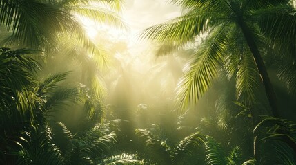 Obraz premium Lush tropical rainforest with sunlight filtering through dense palm leaves creating a serene natural atmosphere.