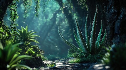 Obraz premium Lush aloe vera plant thriving in a vibrant natural setting with sunlight filtering through a dense forest canopy