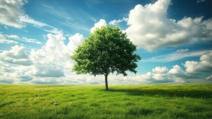 Obraz premium Solitary tree in a lush green field under a blue sky filled with fluffy white clouds showcasing nature's serene beauty and tranquility