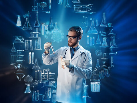 A scientist in a lab coat examines a test tube, surrounded by glowing scientific equipment icons.  Innovative research, technological advancement, and medical breakthroughs are implied.