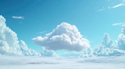 Solitary white cloud floating in a clear blue sky over a serene landscape of soft clouds and bright daylight
