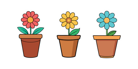 Three colorful flowers in terracotta pots, icons, logos, Home flower in pot vector design illustration isolated on white background.