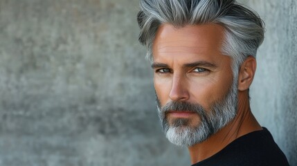 Portrait of distinguished middle-aged man with grey hair and beard showcasing health and maturity against a textured background