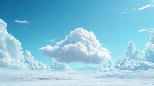 Solitary white cloud floating in a clear blue sky over a serene landscape of soft clouds and bright daylight