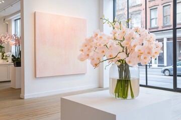 A monochromatic art piece featuring ivory paint strokes on a textured canvas, hanging in a modern gallery