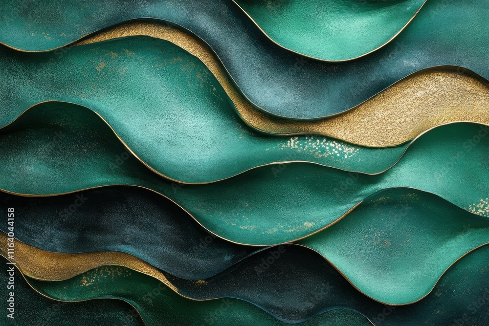 Poster abstract waves in green and gold create a dynamic, textured design.