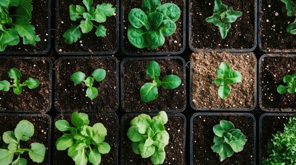 Aerial perspective of young seedlings thriving in organic soil within black pots on farmland cultivating healthy plant growth