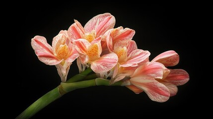 Fototapeta premium Variegated shell ginger Alpinia zerumbet flowers showcasing delicate pink and white petals on a dark background.